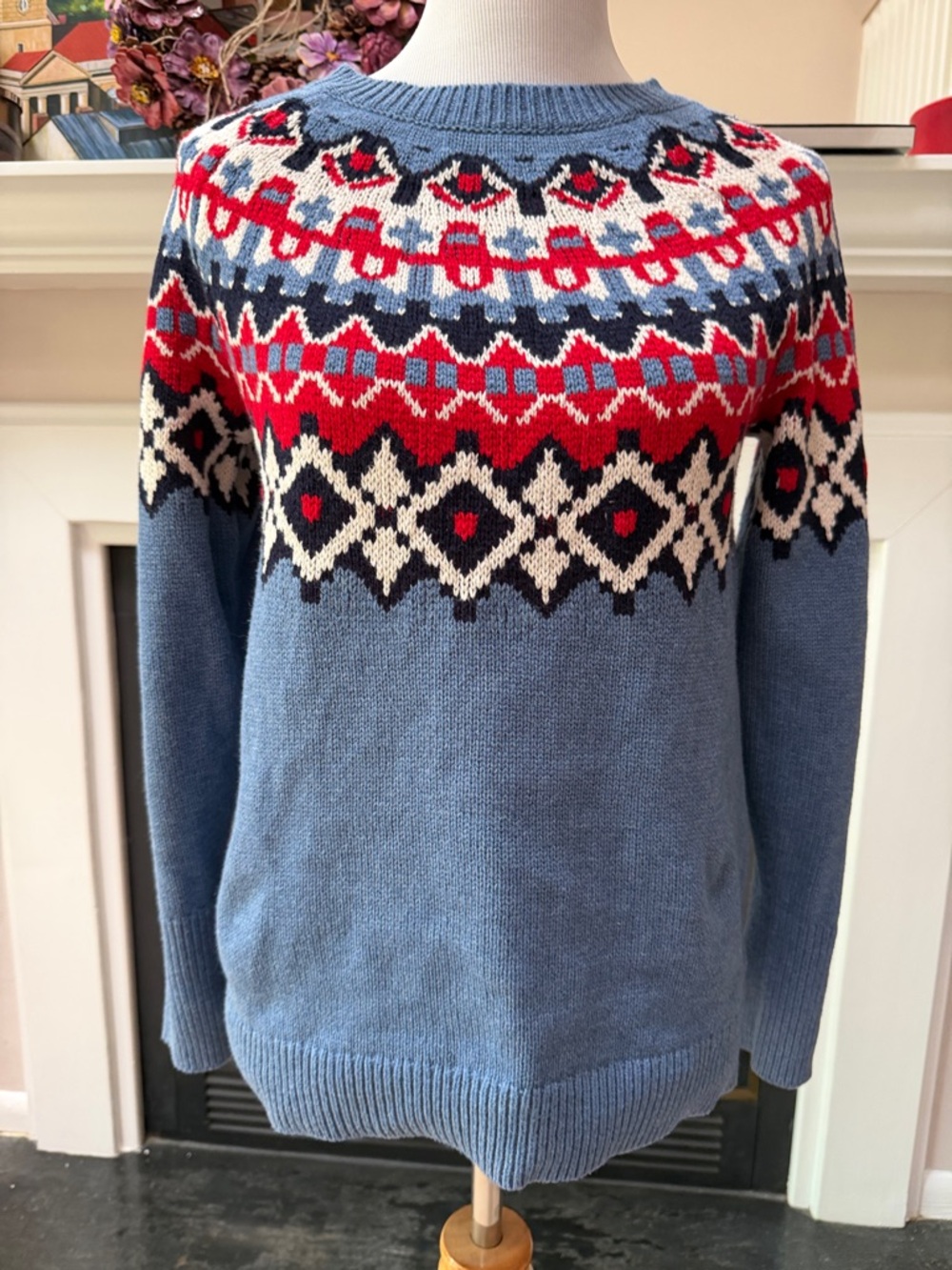 Chaps Blue Fair Isle Crewneck Sweater with Red, White & Navy Pattern